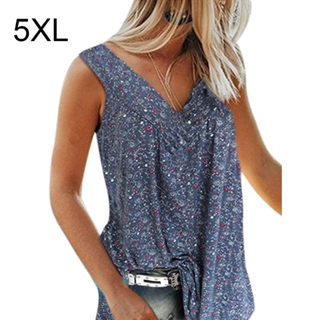 Camiseta sin mangas con estampado sin mangas sin mangas con cuello en V para mujer, chaleco de verano, azul oscuro, 5XL Speravity AP002122-24