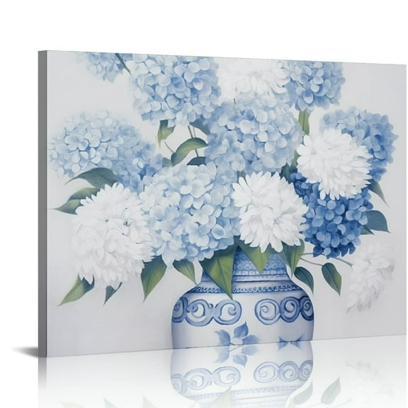 ONETECH Blue and White Chinoiserie Hydrangea Canvas Wall Art Oriental Chinese Porcelain Vase Blossom Flower Picture Poster Prints Framed for Bedroom Bathroom Home Decor Ready to Hang