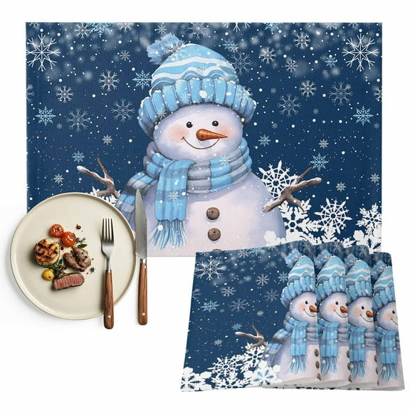 Navy Blue Christmas Snowman Placemats Set of 4, Winter Snowflakes Table Mats Washable Heat-Insulation Non-Slip Place Mats for Kitchen Dinner Table Indoor Outdoor Decor,13x19 Inch