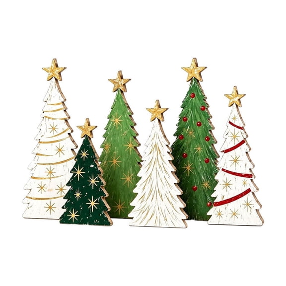 HOARBOEG Wooden Christmas Tree Decorations Set of 6, Small Tabletop Christmas Tree Figurines for Shelf Mantel Desktop, Holiday Window Display Decor, Rustic Housewarming Gift