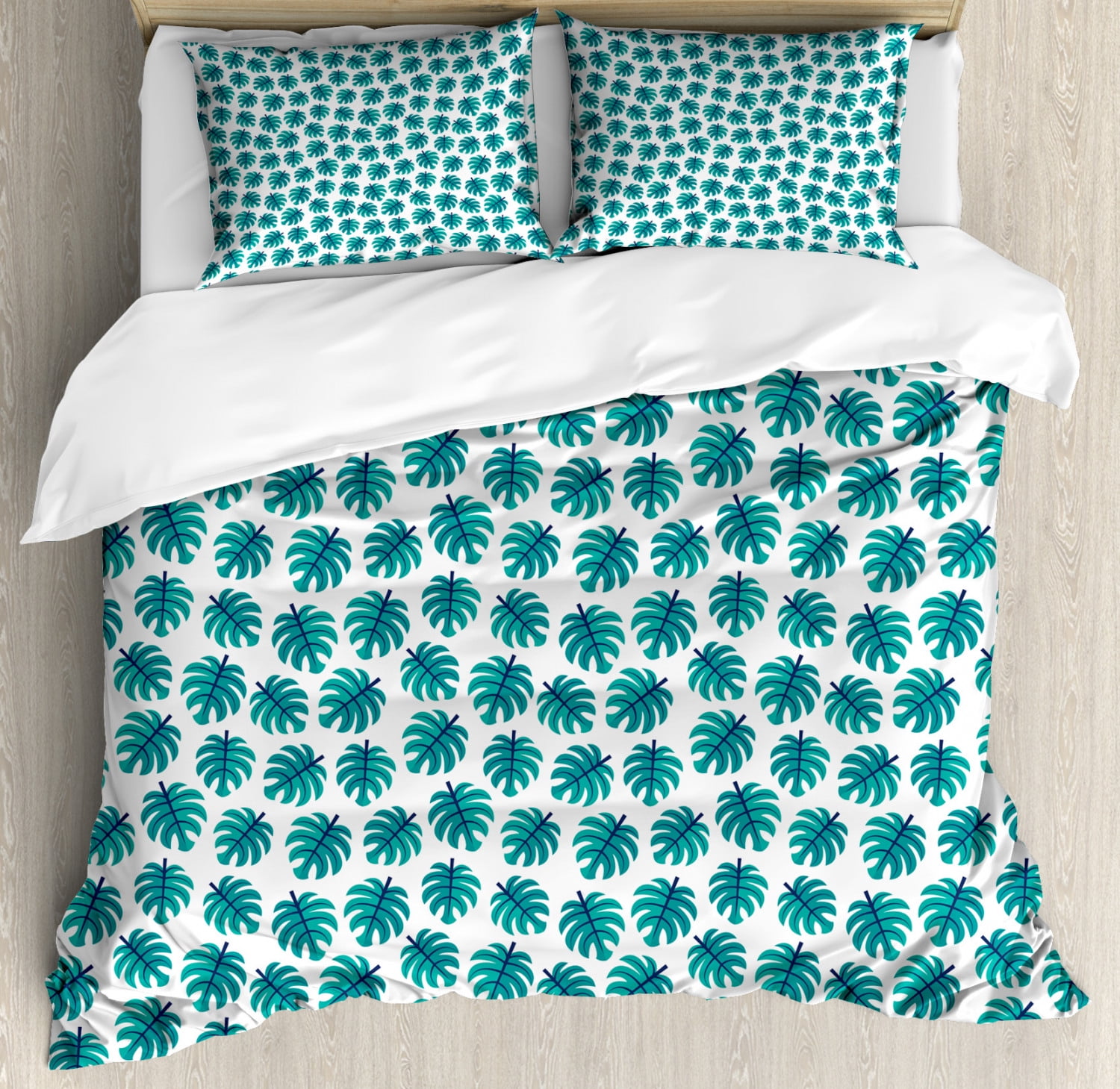 Navy And Teal King Size Duvet Cover Set Tropical Monstera Leaf