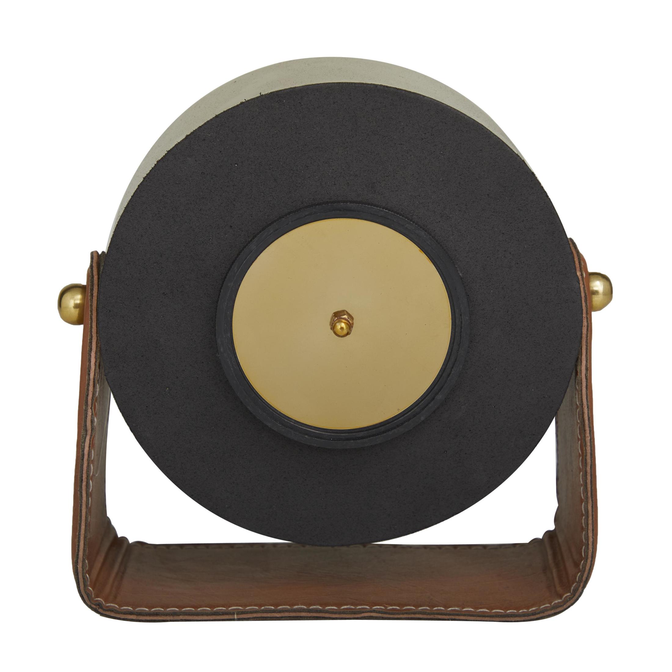 DecMode Stainless Steel Modern Round Decorative Desk Clock 7"W x 7"H, with Metallic Gold and Leathery Brown Stand