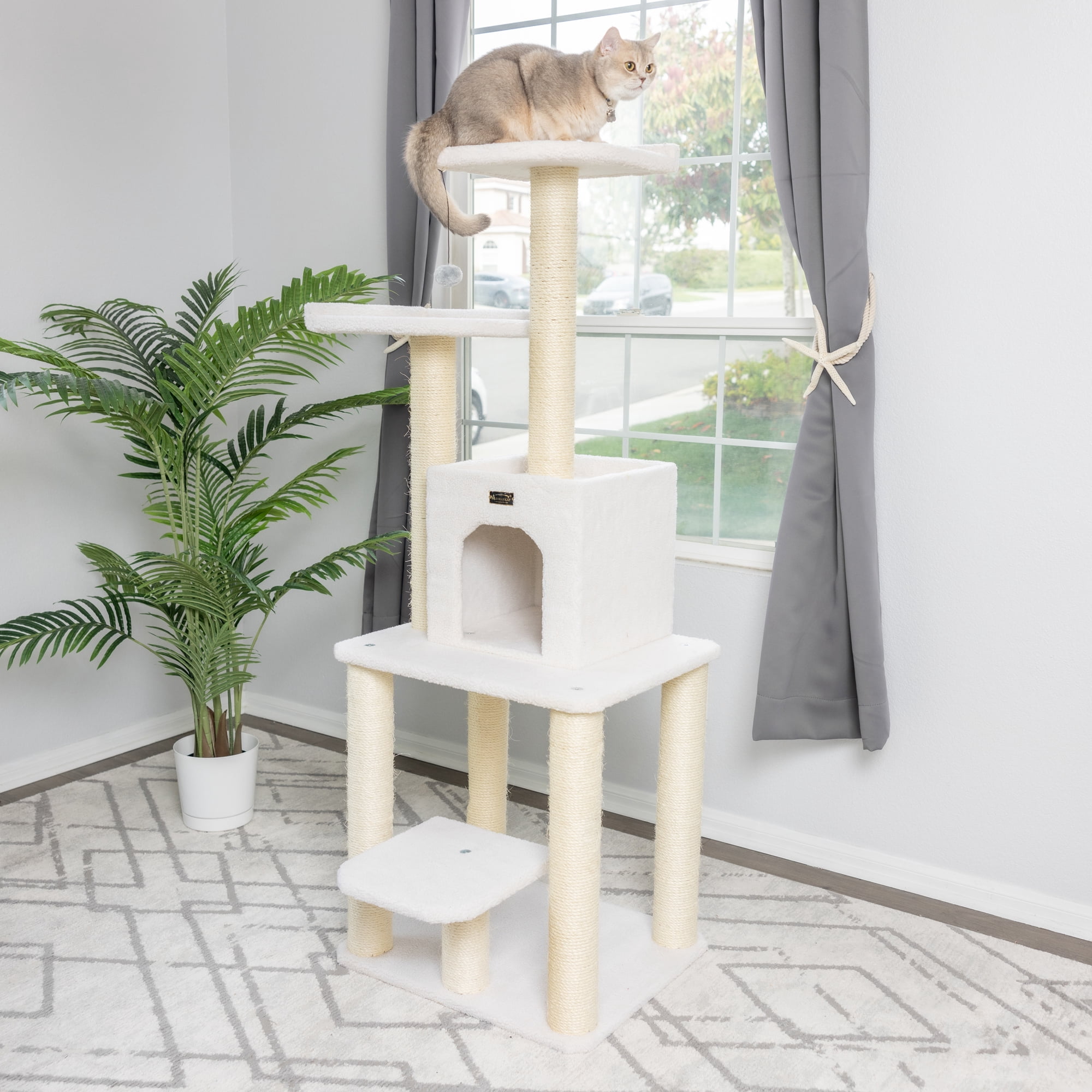 Armarkat 62-in Real Wood Cat Tree & Condo Scratching Post Tower, Ivory