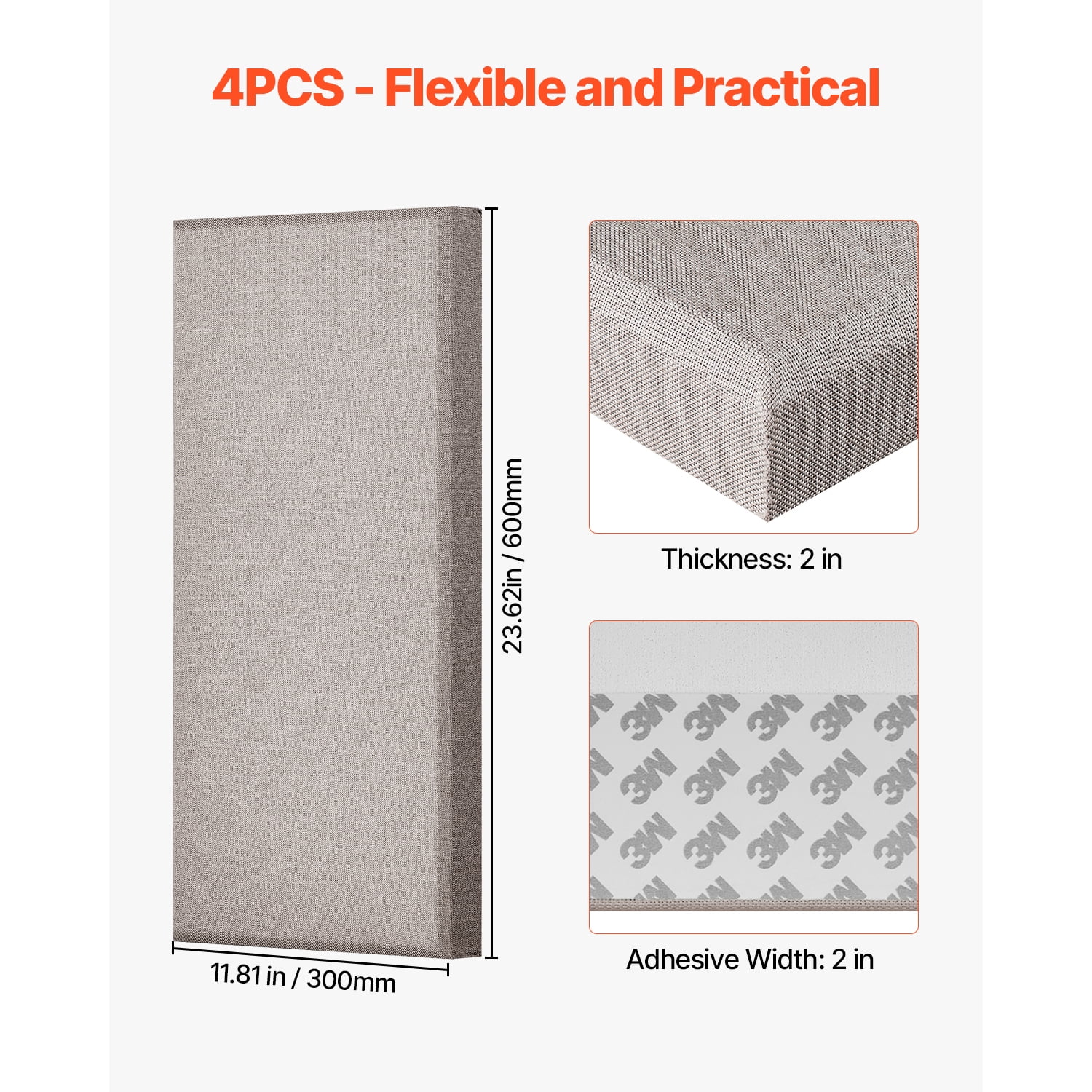 KFFKFF Set of 4 Acoustic Panels, 2-inch Thick, 23.6 x 11.8 inch Fiberglass Sound Absorbing Boards, Self-adhesive Soundproof Panels for Studios, Offices, Home Theaters, Meeting Rooms, Camel Color