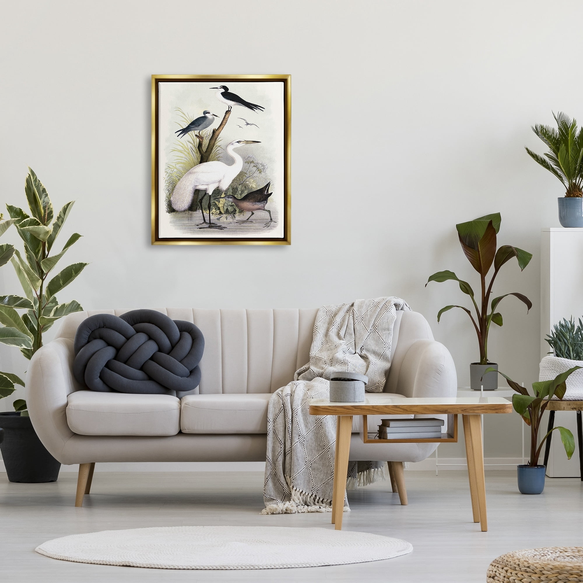 Stupell Industries Varied Crane Birds Gathered Riverbank Stream Botanicals Painting Metallic Gold Floating Framed Canvas Print Wall Art, Design by Piddix