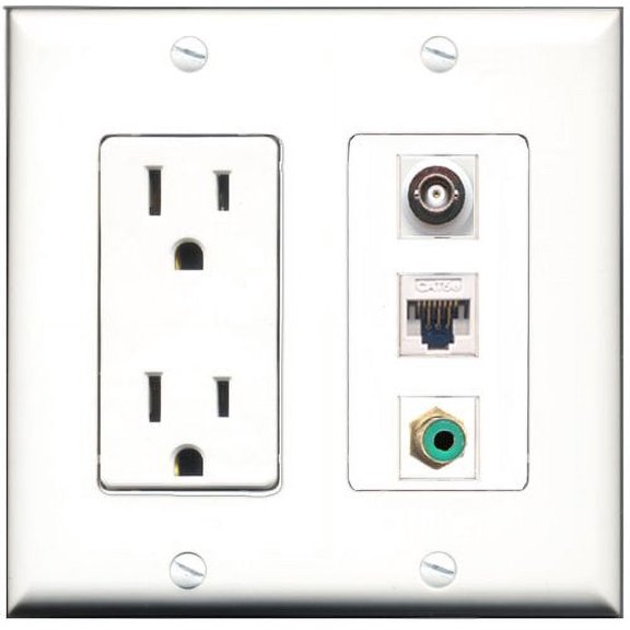 RiteAV - 15 Amp Power Outlet 1 Port RCA Green 1 Port BNC 1 Port Cat5e Ethernet White Decorative Wall Plate