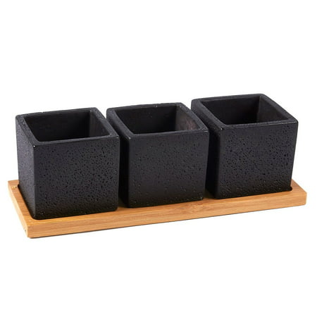 Juvale Small Flower Pot and Bamboo Tray Set - 3-Pack Mini Succulent Plant Pots, Ceramic Planter Set for Indoor, Outdoor Display,