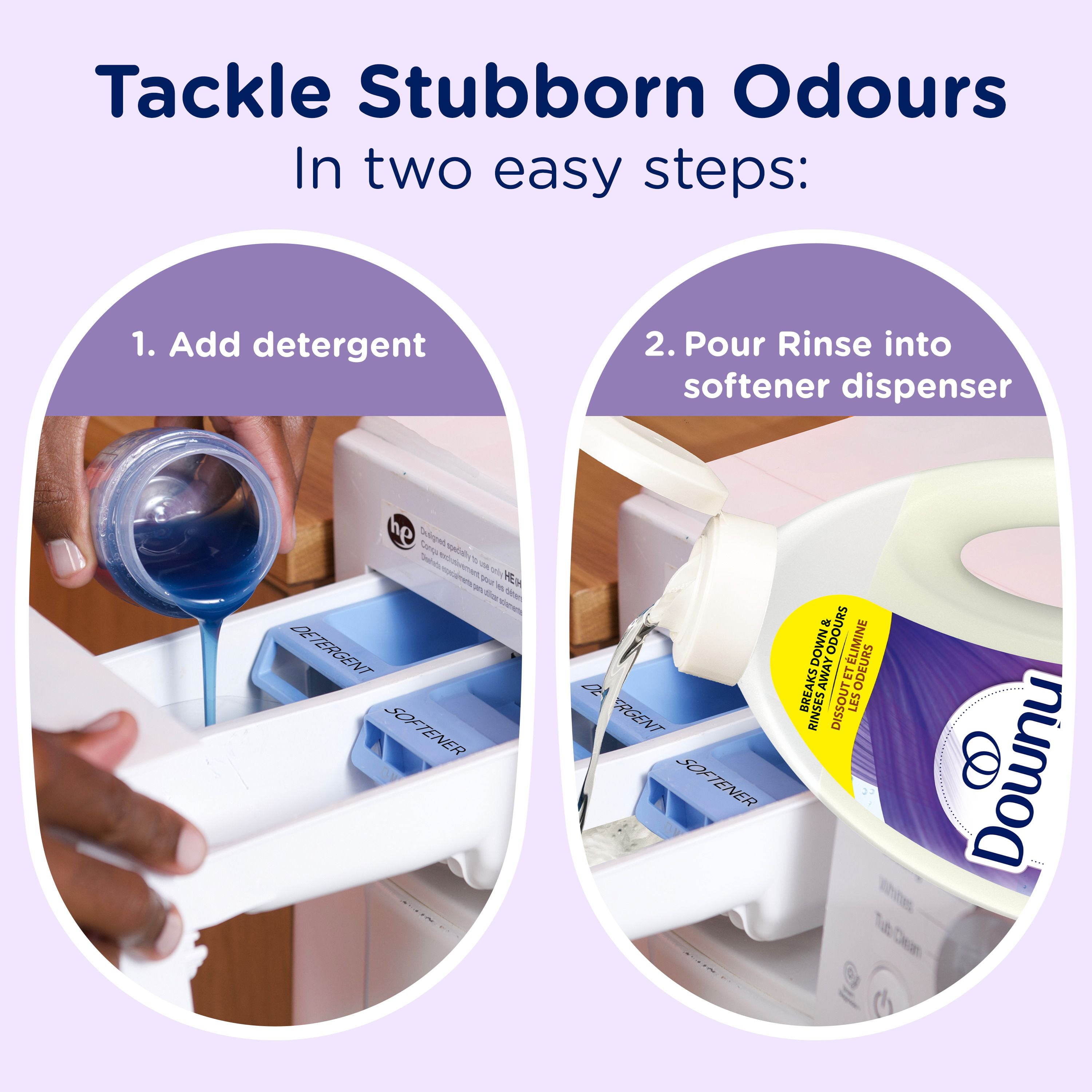 Agent de rinçage purifiant éliminateur d’odeurs pour lessive Downy, parfum Lavande fraîche, assouplissant textile et agent de rinçage éliminateur d’odeurs 1.8 L