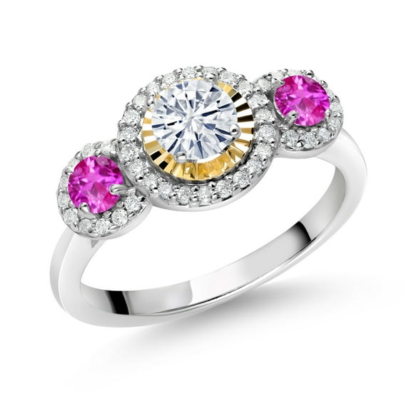 Gem Stone King 925 Silver and 10K Yellow Gold Pink Sapphire Lab Grown Diamond 3 Stone Women Engagement Ring Set with Moissanite (0.81 Cttw, Size 5)