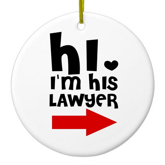DistinctInk Hanging Ceramic Christmass Tree Ornament with Gold String - Great Gift / Present - 2 3/4 inch diameter - Hi. I'm His Lawyer