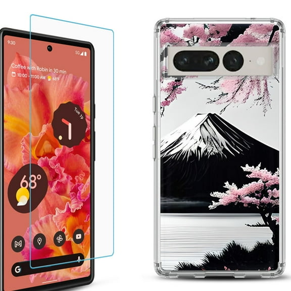 Shockproof Bumper Phone Case for Google Pixel 7, with Tempered Glass Screen Protector, by OneToughShield ® - Fuji Sakura