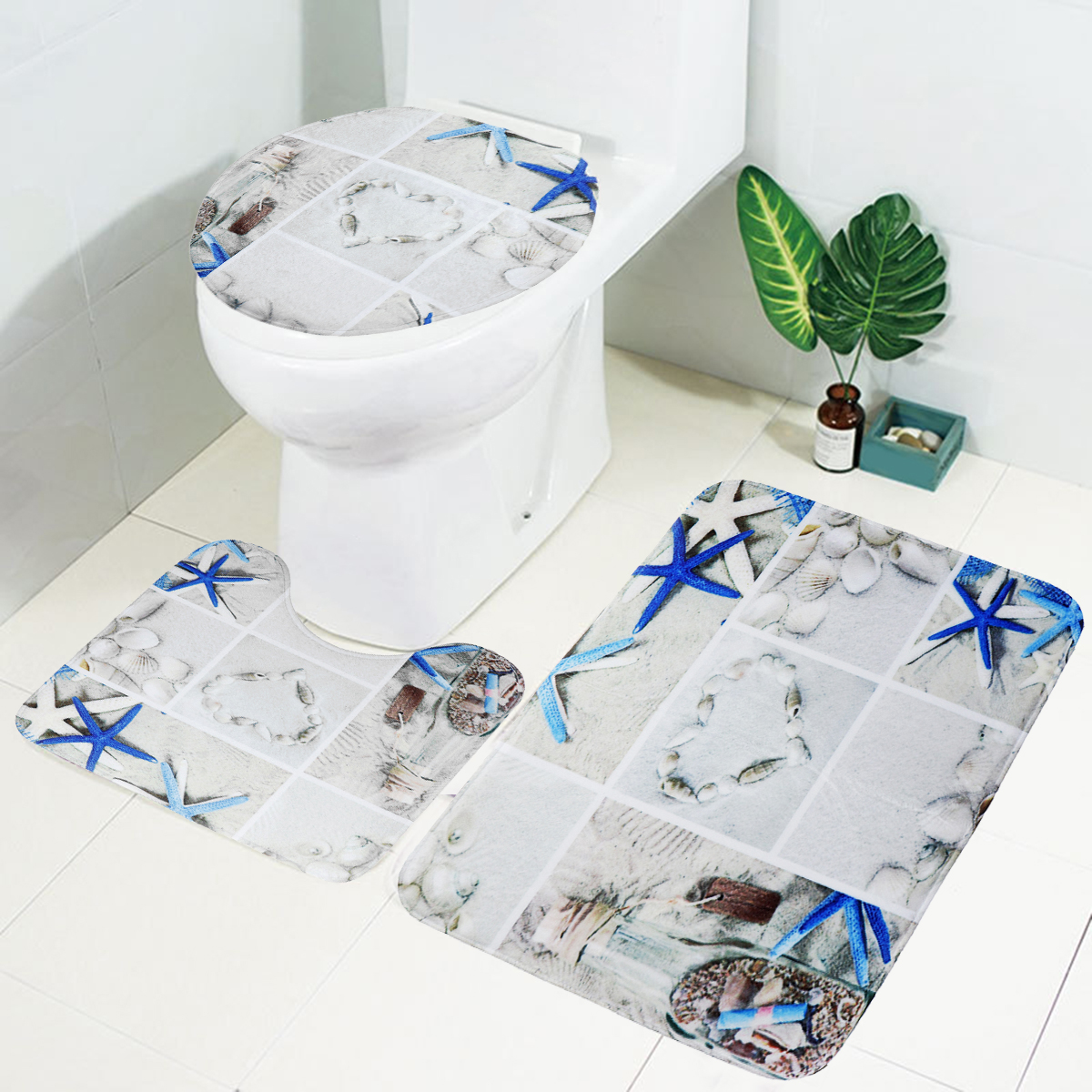 3PCS Bathroom Non Slip Ocean Style Pedestal Rug Lid Toilet Cover + Bath