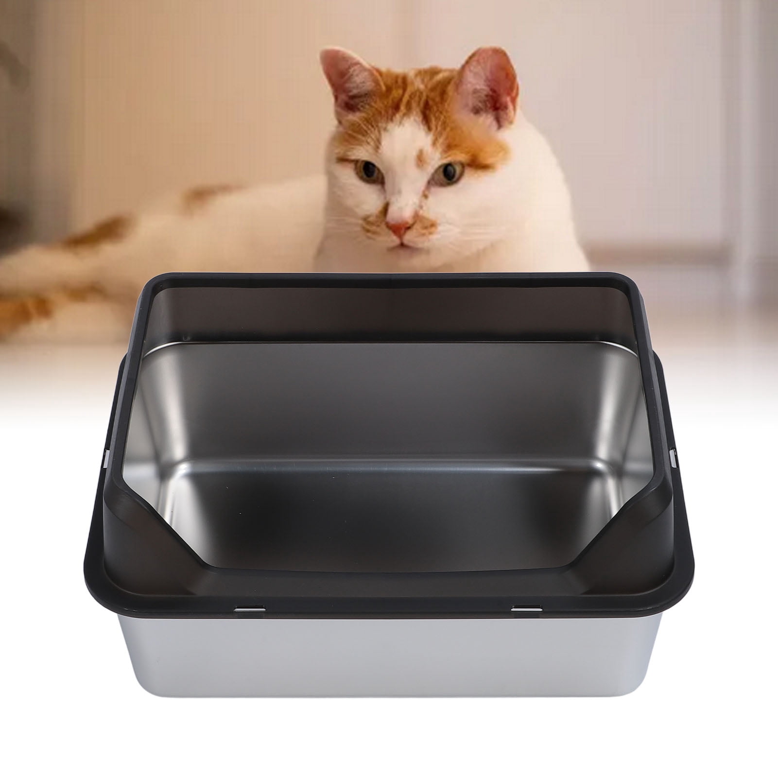 YAHHU Stainless Steel Cat Litter Box Anti Splashing Top Entry Large Kitty Pan with Scoop, High Sided Metal Potty Tray for Big Cats, 20.08 inches / 51 cm, Black