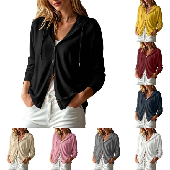 FAIWAD Womens Hooded Cardigan Button Down Long Sleeve Hoodies Drawstring Lightweight Casual Thin Sweatshirts