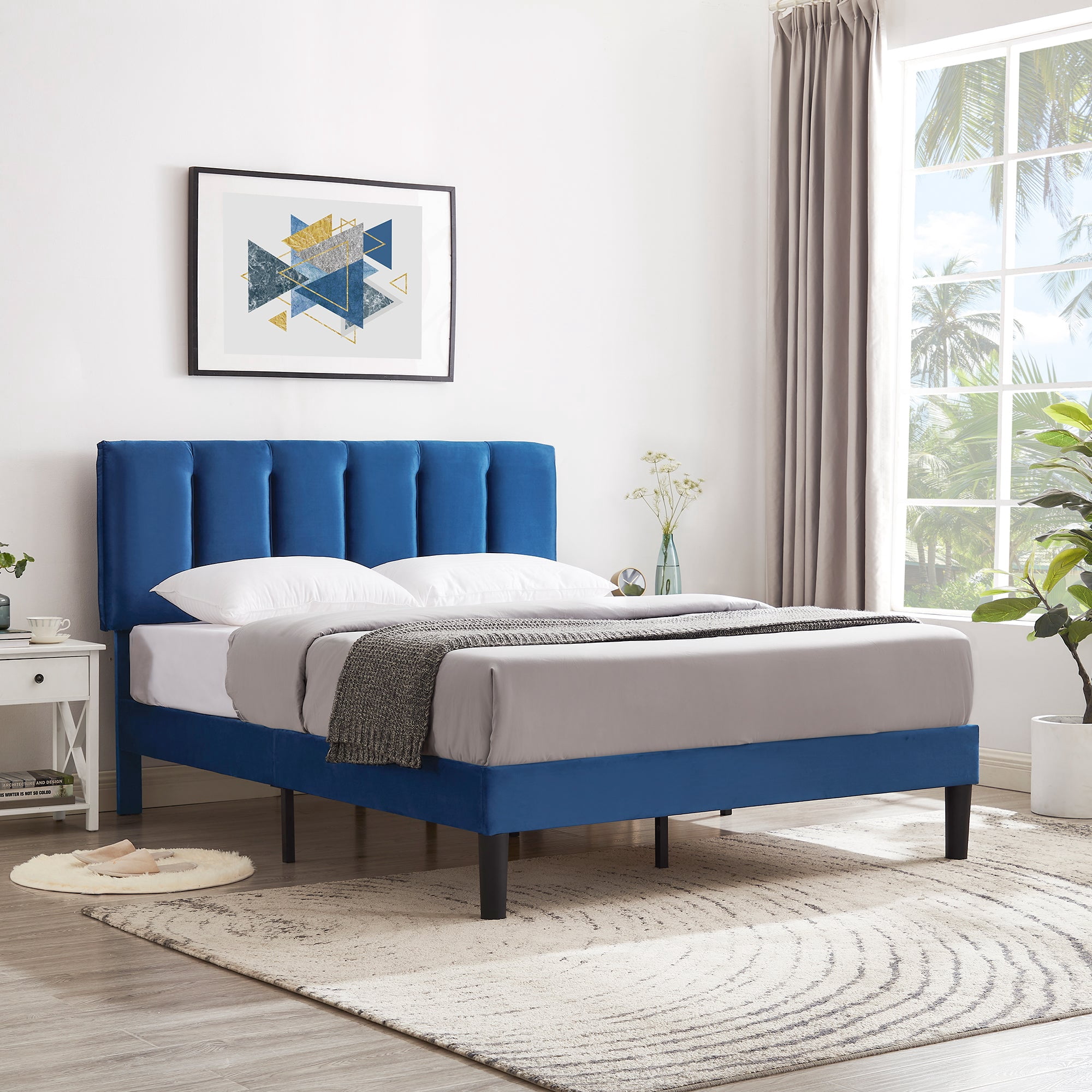 VECELO Queen Size Upholstered Platform Bed Frame, Adjustable Headboard and Wooden Slats Support, No Box Spring Needed/Easy Assembly, Dark Blue