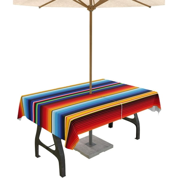 Outdoor Tablecloth Colorful Mexican Rectangle Patio Tablecloths 60x120, Table Cloths with Umbrella Hole and Zipper, Stripes Blue Assorted Multi Color Summer Table Cover for Outdoor Tables Garden