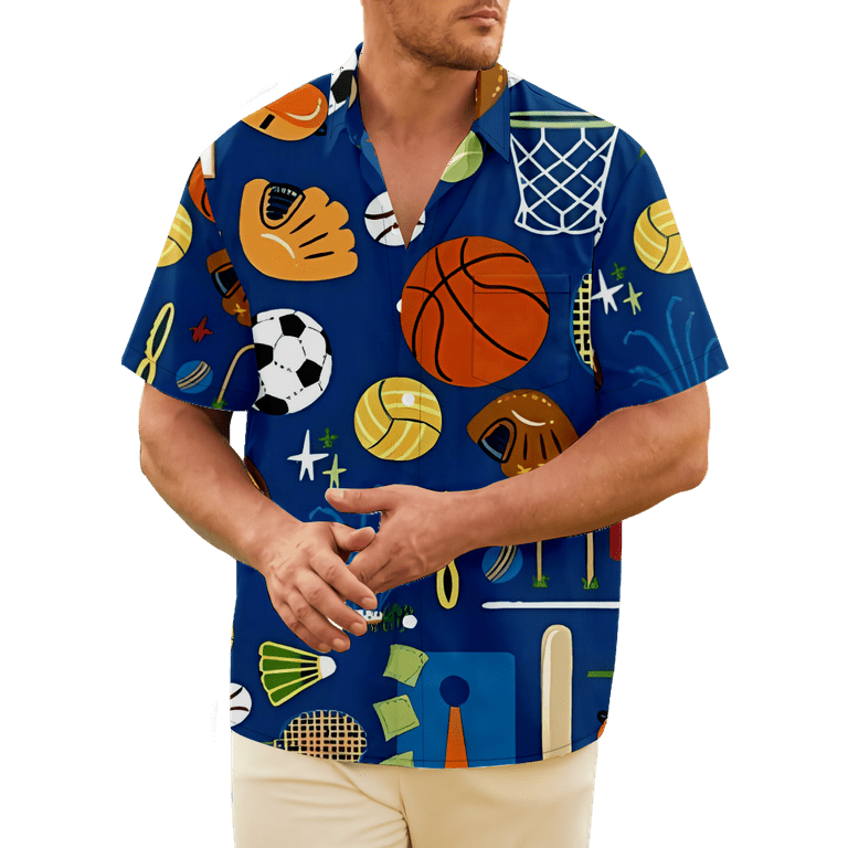 Sporting Football Basketball Men's Hawaiian Shirt Short Sleeves Button Down  Aloha Shirts Beach Dress Shirts XL