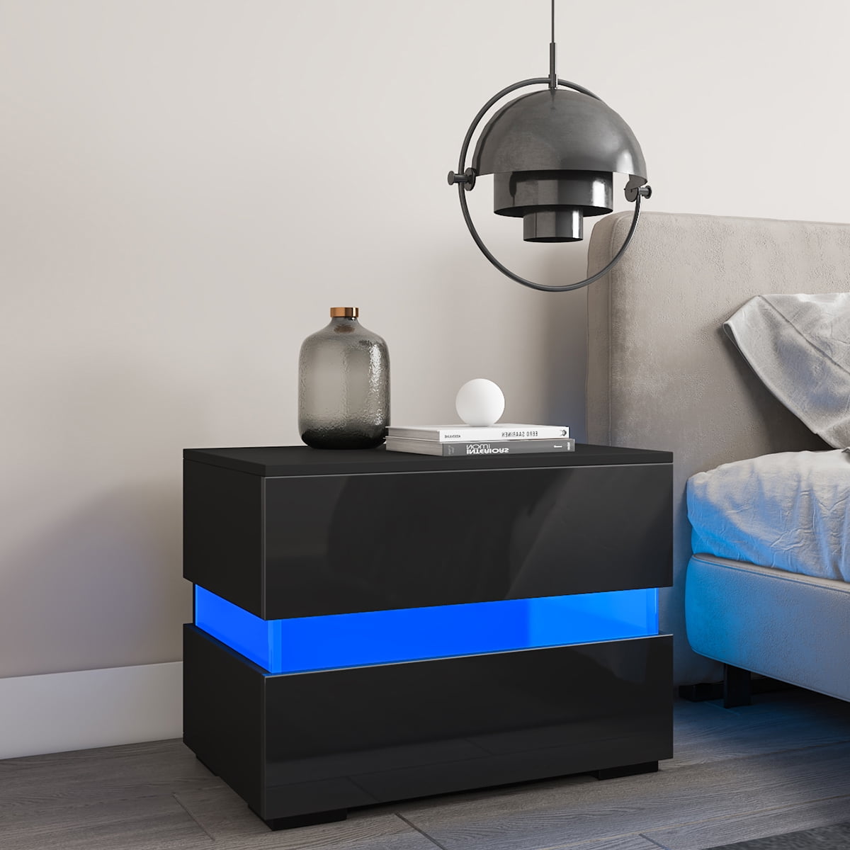 Hommpa LED Nightstand with 2 Drawers High Gloss Night Stand for Bedroom ...