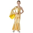 thumbnail image 2 of TTAO Kids Girls Gymnastic Leotard One Shoulder Bell-bottom Flared Jumpsuit Romper Dance Party Gown 6-16Y Gold 16, 2 of 7