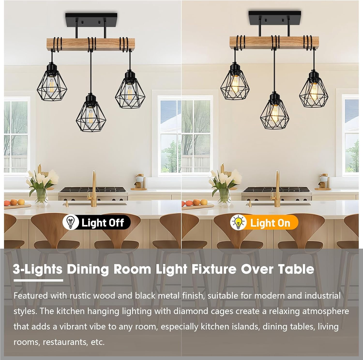 3 - Light Kitchen Island Lighting  Pendant Light Fixtures over Table Wood Hanging Lamp with Metal Shades for Dining Table Living Room Hallway