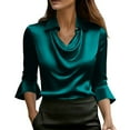 thumbnail image 3 of Elegant Ruffled Collar Three Quarter Sleeve Blouse Shirt Top for Women Solid Color Loose Fit Breathable Business Casual Summer Fashion | CSEONE,Green L, 3 of 9