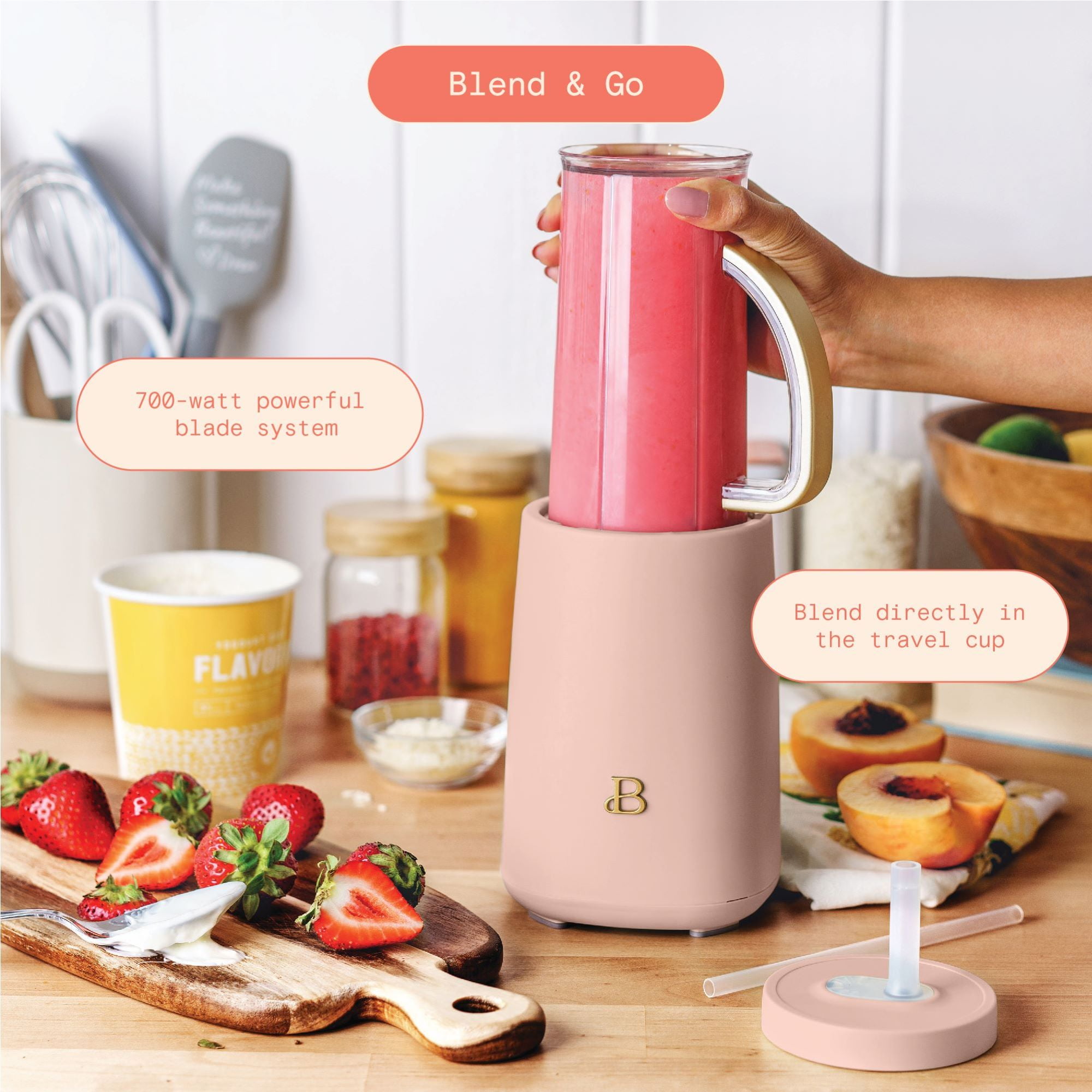 Beautiful Personal Blender Set with 12 Pieces, 240 W, Rose by Drew Barrymore