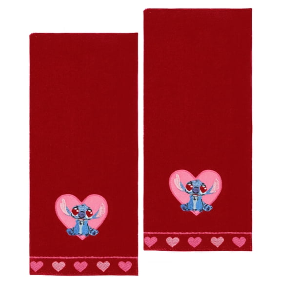 Disney Stitch Valentine Bath Hand Towels Set of 2 Red Cotton Heart Design