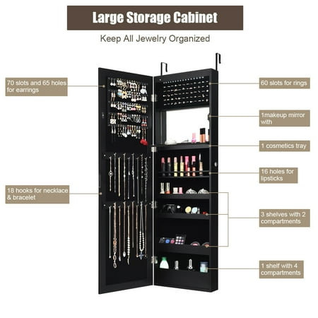 Costway Wall Door Mounted Mirror Jewelry Cabinet Organizer w/LED Lights - Black