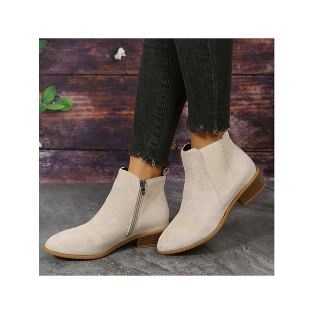 Woobling Women Ankle Booties Comfort Chelsea Boots Casual Winter Boot Anti Slip Block Heels Bootie Office Breathable Side Zip Ivory White 6.5 Walmart