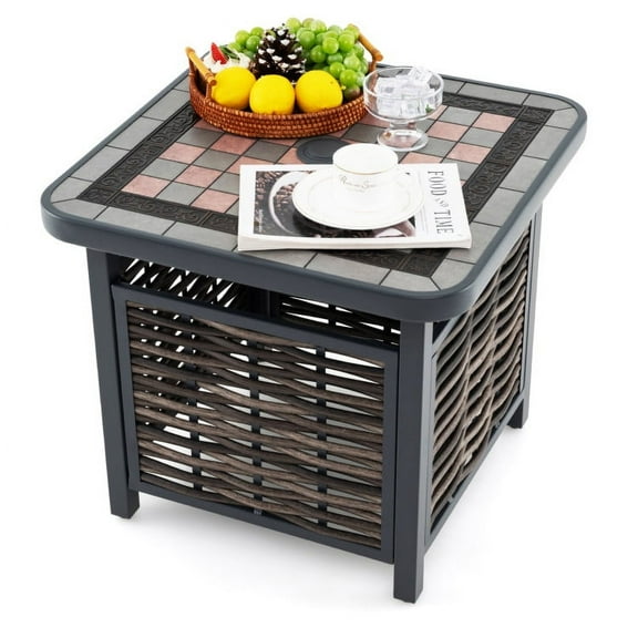YYAo 21.5 Inches Outdoor PE Rattan Side Table Square End Table with Umbrella Hole