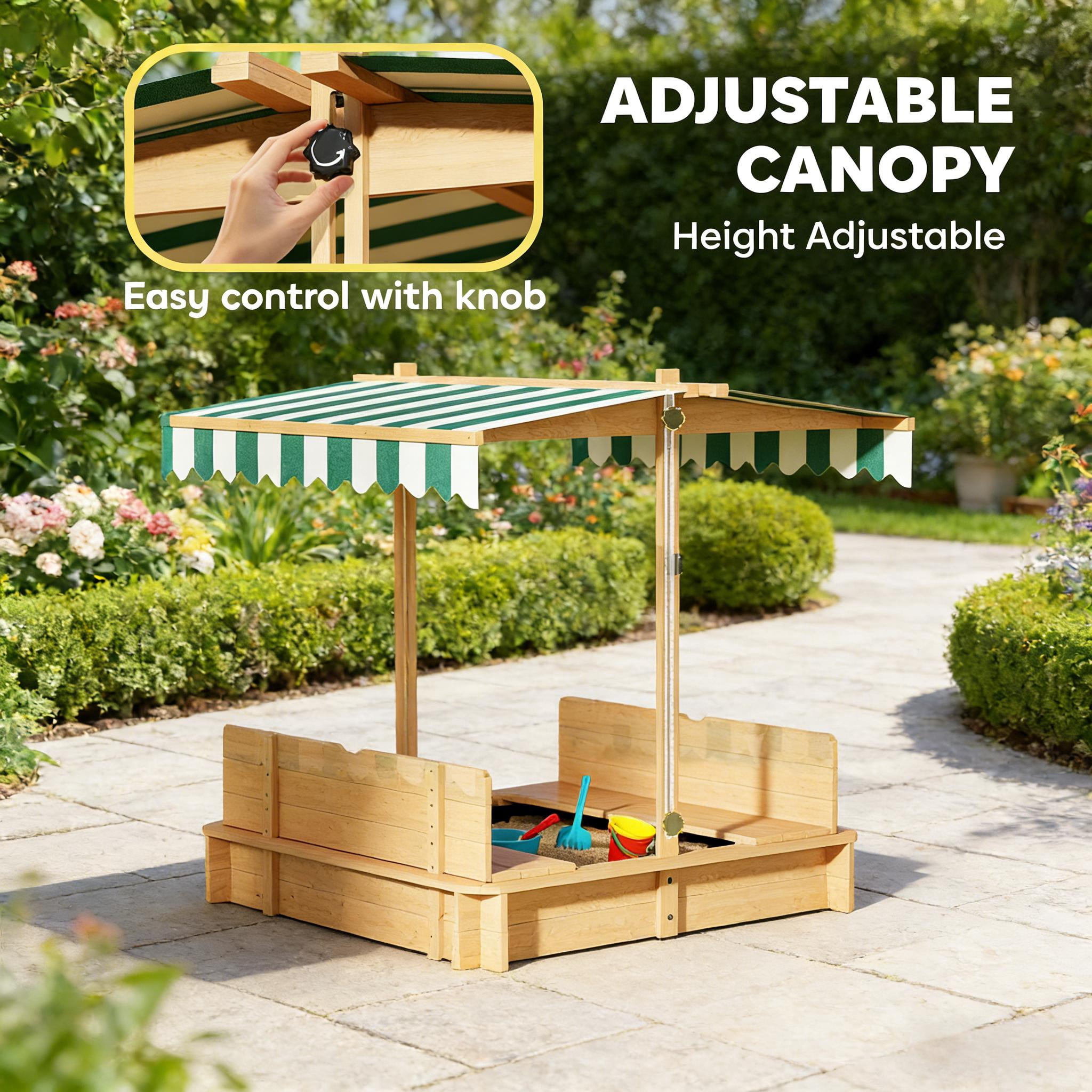 Kids Wooden Sandbox with Adjustable Canopy & Convertible Lid, Detachable Backrest Benches, Non-Woven Bottom Liner, Light Brown Fir Wood Outdoor Sand Pit, Ages 3-7