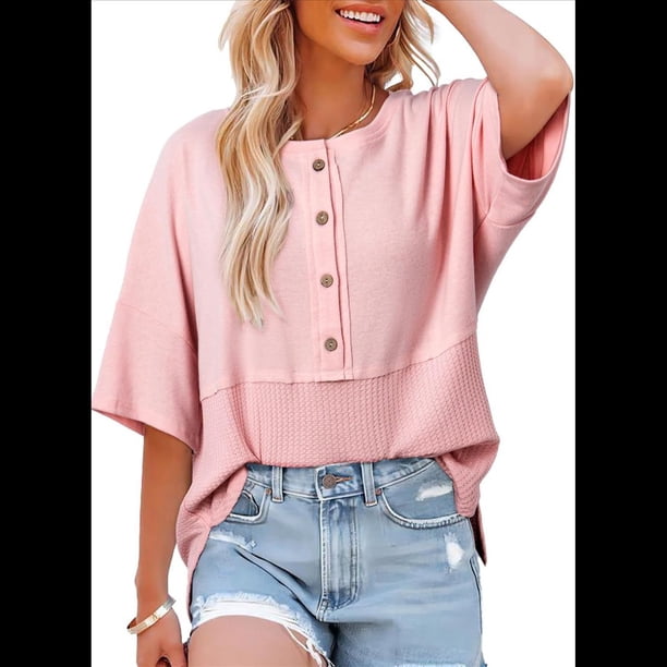 Blusas de Punto Gofre para Mujer, Moda 2025, Blusas de Patchwork Extragrandes con Cuello Redondo y Mangas 3/4, Color Rosa L
