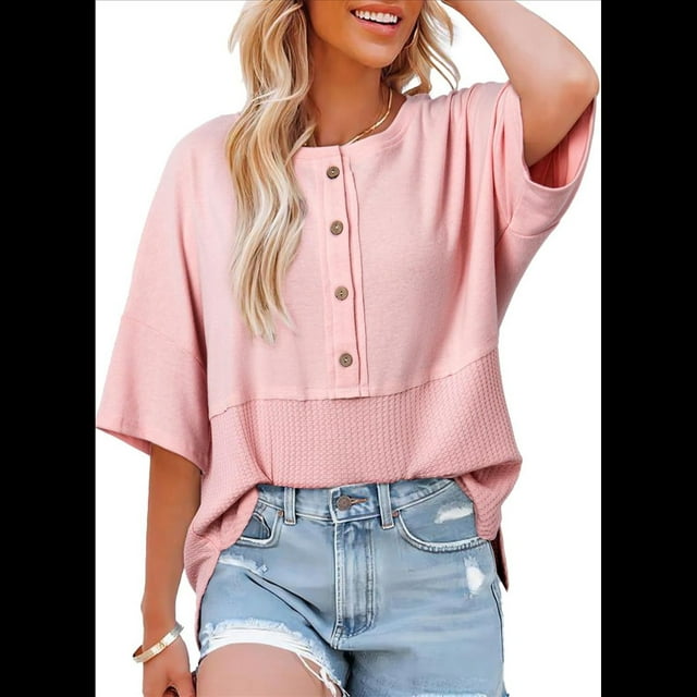 Blusas de Punto Gofre para Mujer, Moda 2025, Blusas de Patchwork Extragrandes con Cuello Redondo y Mangas 3/4, Color Rosa S