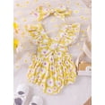 thumbnail image 4 of Raccmtaty Baby Girls Summer Romper Waffle Daisy Print Flying Sleeve Square Neck Jumpsuit with Bow Headband, 4 of 9