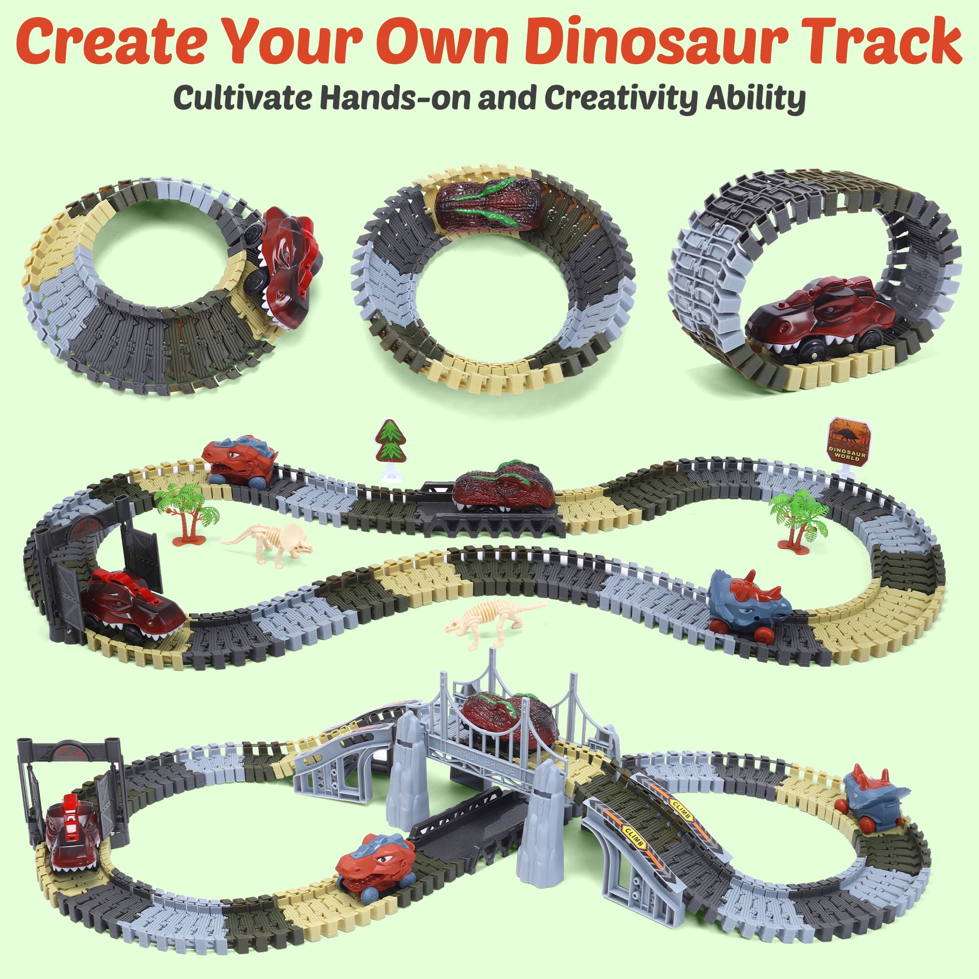 Dinosaur Race Track Toys for Kids , Flexible Train Tracks Set 187 Pcs with Dino Cars, Toy for Boys 3 6 Years Old, Christmas Birthday Gifts for Children