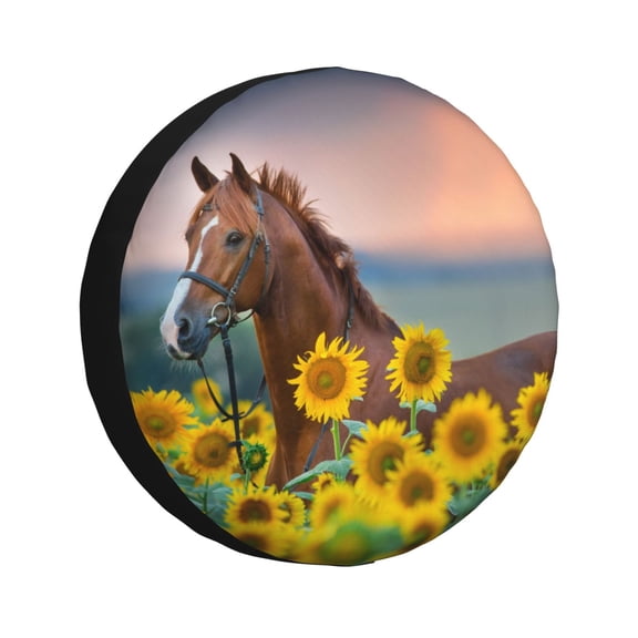 Fuzoiu Horse Sunflowers Print Universal Spare Tire Cover with Buckle Strap, Waterproof Wheel Covers for Jeep, Trailer, RV, Truck and All Car-14 inch