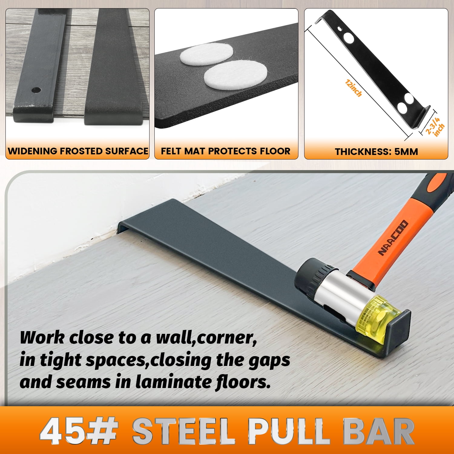 NAACOO Laminate  Flooring Tools, Tapping Block for Vinyl Plank Flooring - Double Sided with Notches, Pull Bar, 40Pcs Floor Spacers, Rubber Mallet. Universal Floor Installation kit