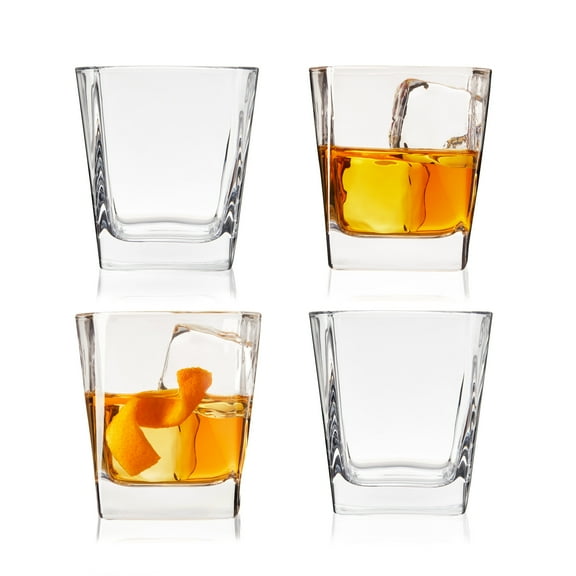 True Square Whiskey Glasses for Cocktails, Lowball Drinks, 9 oz, Set of 4