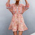 thumbnail image 3 of Robe Décontractée pour Femmes à Col en V Imprimé Élastique Manches Trois-Quarts Jupe à Lacets, 3 of 6