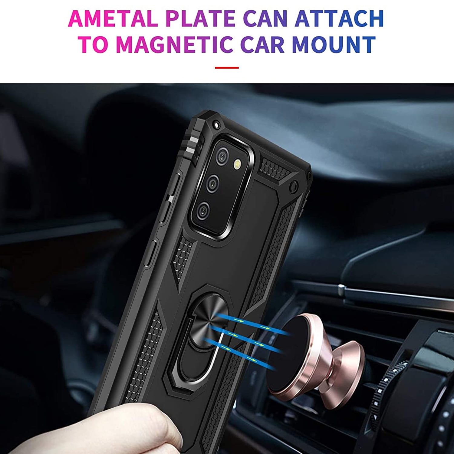 TJS Phone Case for Samsung Galaxy A03S, with [Tempered Glass Screen Protector] Impact Resistant Metal Ring Magnetic Support Kickstand Drop Protector Cover (Black)
