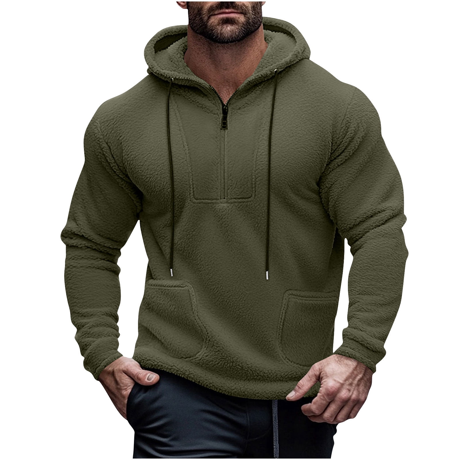 Paiwinds Men's Vintage Full-Zip Fleece Hoodie, Plush Polyester with Adjustable Hood, Retro Casual Sweatshirt in Army Green
