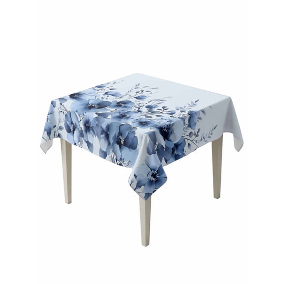 Blue Blooms Floral Suqare Tablecloth - 54 x 54 Inch, Spring Flowers Botanical Blue Ombre Waterproof & StainResistant Tablecloth, Washable Oil-proof Table Cover for Dining/Party/Wedding/Camping/Buffet