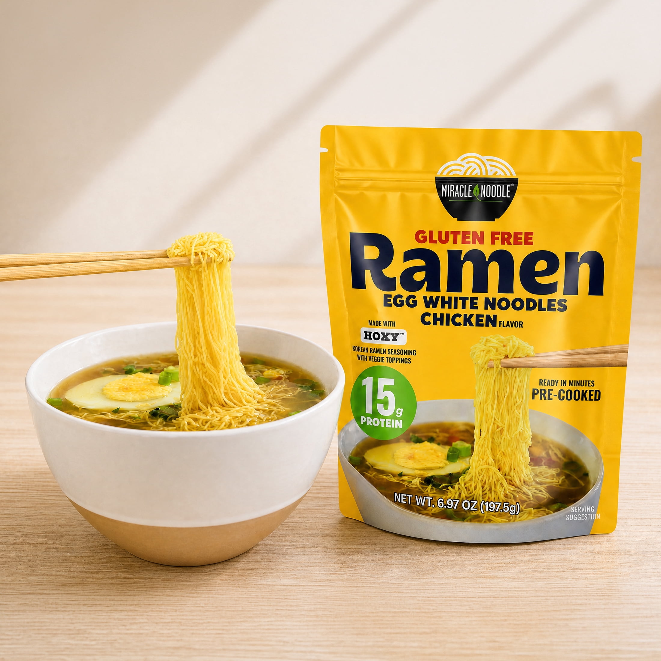 Miracle Noodle Gluten Free Protein Ramen Noodles - Chicken Flavor, 6.97 Oz, Ready to Eat, 15g Protein, Low Carb, High Protein, Keto, Gluten-Free