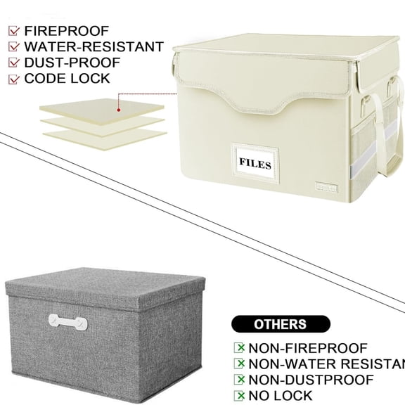 Fireproof Document Box with Lock,File Storage Organizer with Zipper Pockets,Collapsible Portable File Box Home Office Safe Filing Cabinet with Handle for Hanging Letter/Legal Folders,Beige