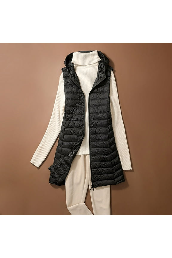 Women's Long Puffer Vest Plus Size Zipper Down Sleeveless Thick Hooded Jackets Lightweight Outdoor Warm Quilted Gilets Coats with Pockets M