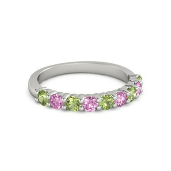 925 Sterling Silver Round 2.50 MM Peridot Pink Spinel Half Eternity Women Ring