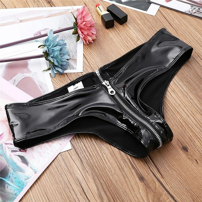 Jiaroswwei Women Briefs Zipper Open Crotch Low Waist Solid Color Glossy  Faux Leather Underpants Mini Hot Panties Underwear for Bedroom
