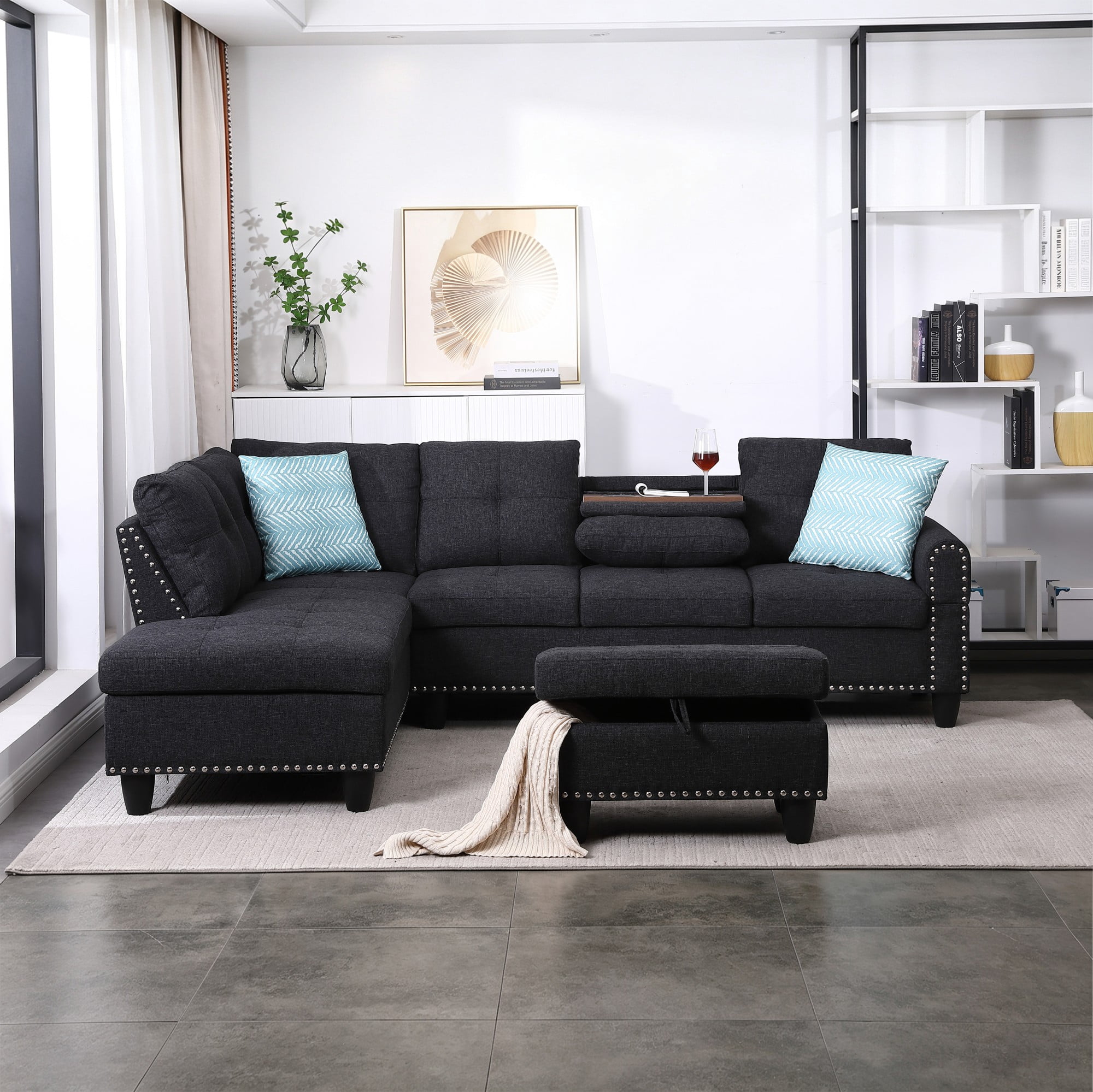 BSHTI 3-Seat Contemporary Linen L-Shaped Sectional Sofa with Reversible Storage Chaise, Storage Ottoman, Cup Holders for Living Room（Charcoal Gray）