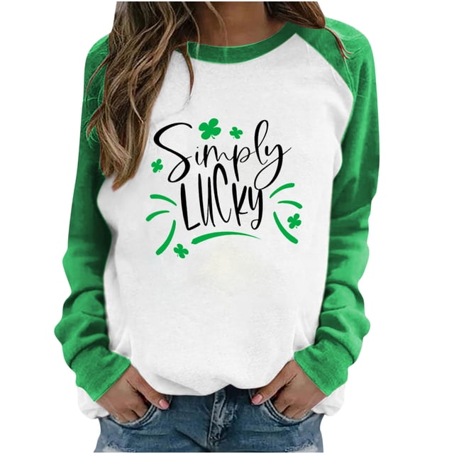 Pompotops T-Shirt Décontracté à Manches Longues et Col Rond Imprimé Patchwork de Printemps pour Femmes pour la Saint-Patrick