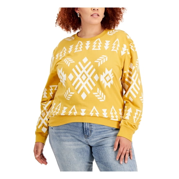 MIGHTY FINE Womens Gold Cotton Blend Ribbed Printed Long Sleeve Crew Neck Sweater Plus 2X